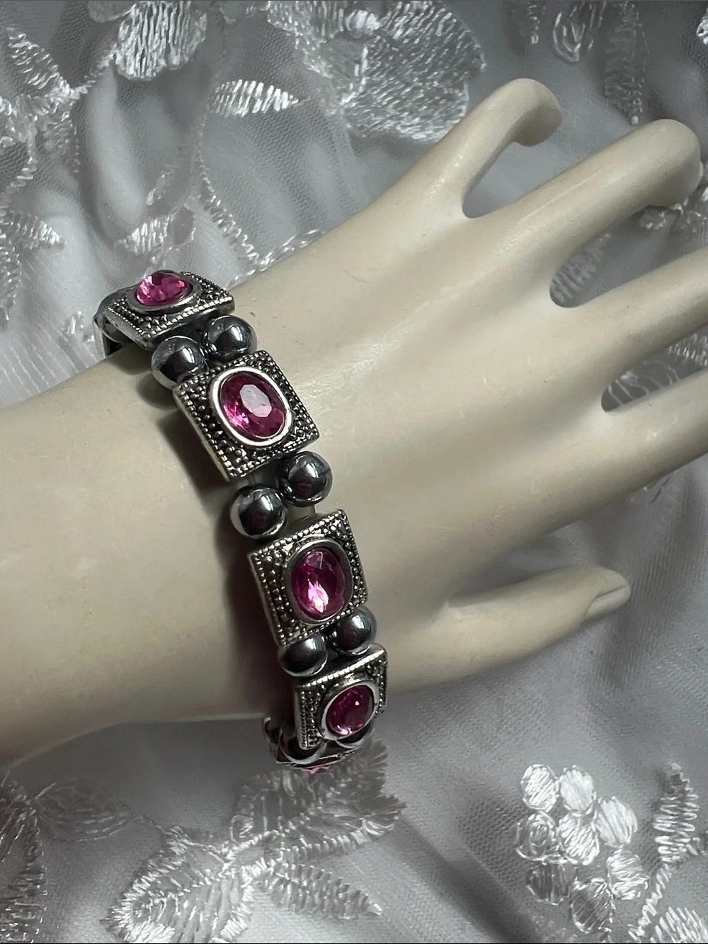Silver-Tone Bracelet with Pink Gem Accents